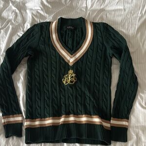Lauren by Ralph Lauren Green Cable Knit Sweater with RL Emblem